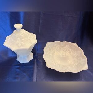 Vintage milk glass lidded candy dish and serving bowl with grape motif.